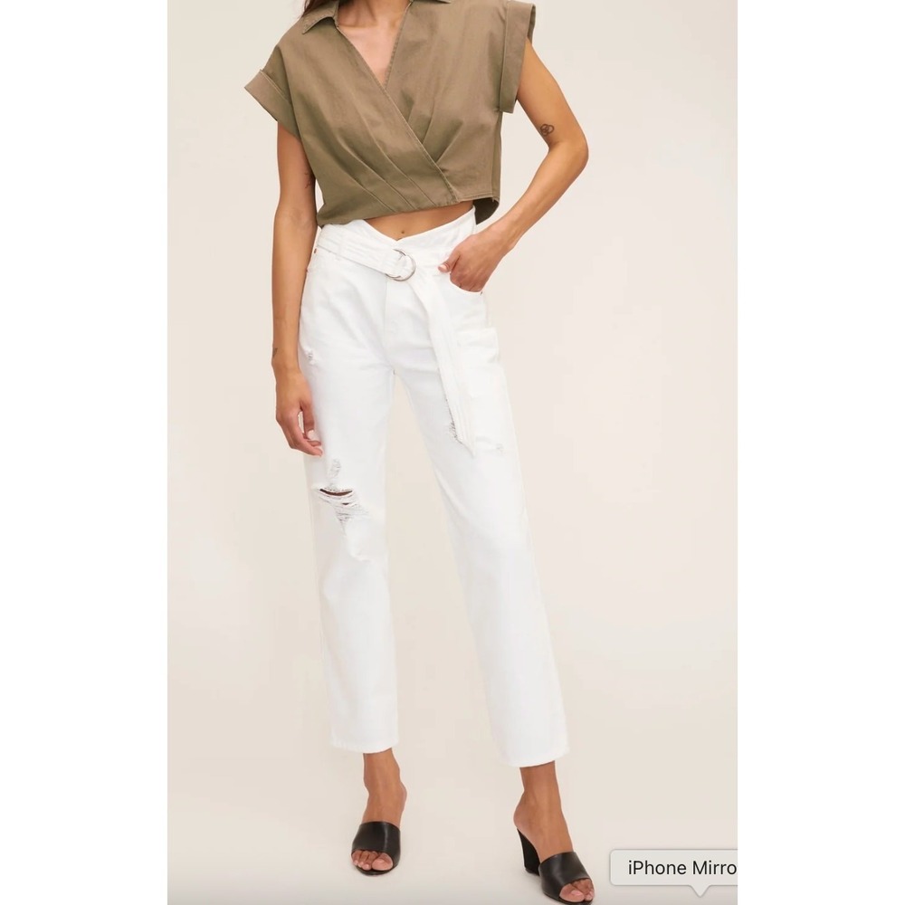 Marissa Webb Jeans Women 26 White Travis Distressed Belted High Rise Straight